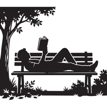Silhouette vector of a man lying on a park bench reading a book under a tree