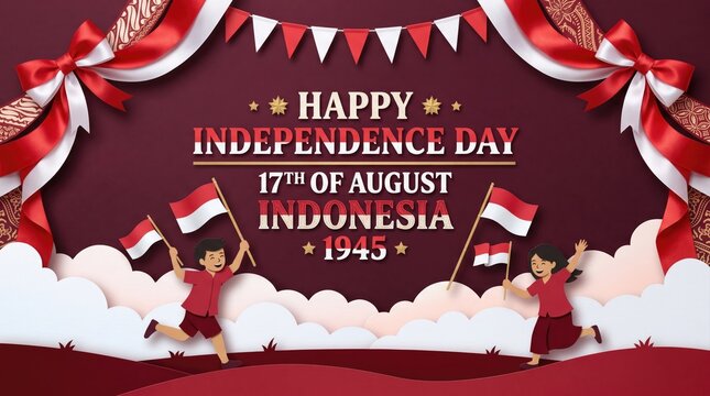 Happy Independence Day 17th August Indonesia 1945 banner with Indonesian children holding flags