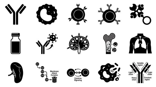 Immunology icon set. Medical vector symbols for biology research and vaccine development.