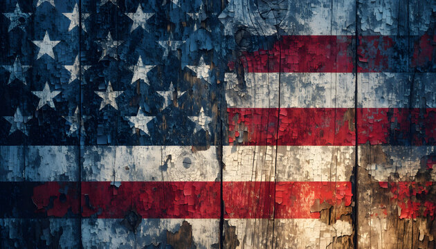 Peeling American flag painted on distressed dark wooden surface. Patriotic background and American heritage independence concept. Distressed USA flag texture on aged wooden planks.
