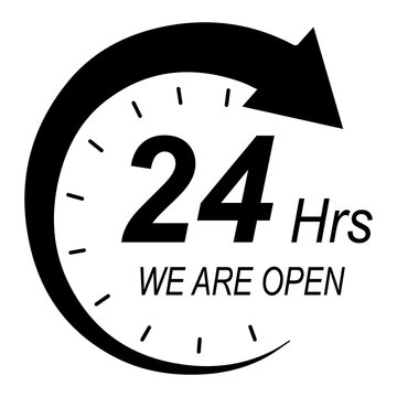 24 hour open sign with clock and arrow, continuous business service symbol for shops and customer support