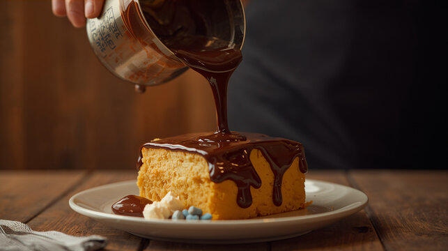 Pastry Chef Pouring Dark Chocolate Syrup Over Sponge Cake Slice Closeup