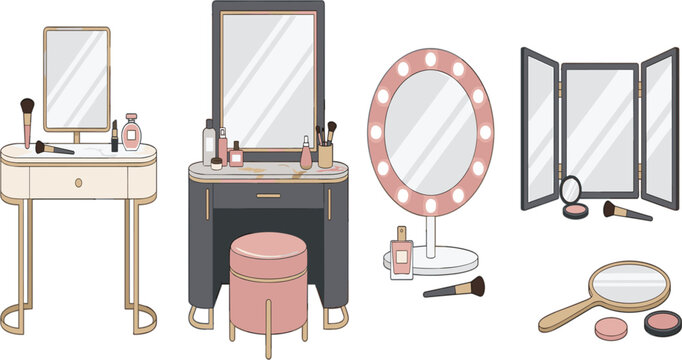 Modern Makeup Vanity Collection with Dressing Table Mirror Cosmetics Beauty Salon Furniture Interior Vector Illustration Set
