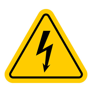 Electrical warning icon with black lightning bolt inside yellow triangular safety sign, bold vector design