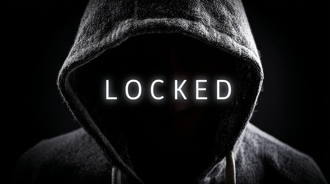 Mysterious hacker wearing dark grey hoodie with illuminated white text locked glowing in soft studio light