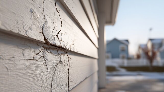 Damaged siding with cracks and peeling paint reveals exterior wall moisture problems, decay, and repair need.
