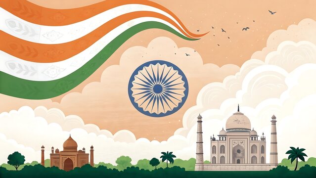 India Independence Day celebration with tricolor flag and Ashok Chakra. Vibrant Republic Day illustration featuring national monuments and cultural...