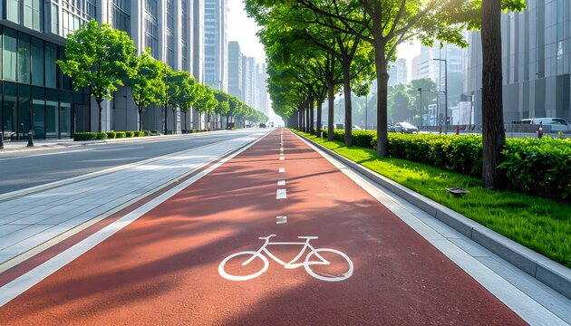 Carril bici urbano rojo con se&ntilde;al de bicicleta y flechas direccionales entre edificios modernos y &aacute;rboles