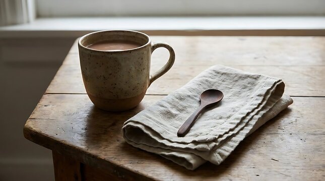 Hot drink in ceramic mug on rustic wooden table.
