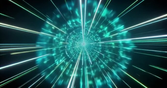 Hyperspace travel through a glowing cyan neon tunnel creates immersive warp speed motion in this high quality abstract digital animation clip for futuristic science fiction projects.