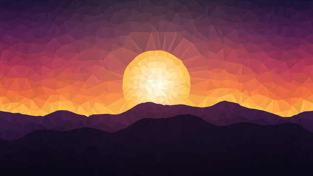 Low poly sunset over mountain ranges illustration