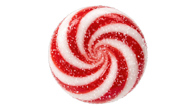 Round red and white striped hard candy with sugar crystals, isolated on transparent background