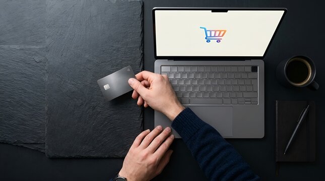 Online shopping concept with credit card and laptop, person making digital payment on computer, e-commerce checkout on dark stone background