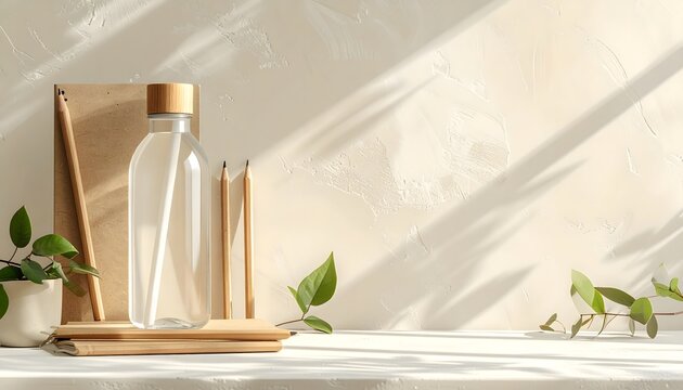 Envases de cosm&eacute;tica sobre una bandeja de madera en un interior minimalista con luz solar y hojas verdes