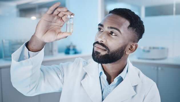 Investigador con bata blanca examinando una peque&ntilde;a muestra transparente en un laboratorio moderno