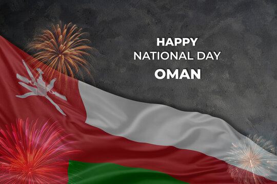 Oman national day greetings card with flag and fireworks