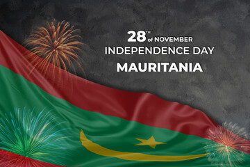 Mauritania independence day greetings card with flag and fireworks © firewings
