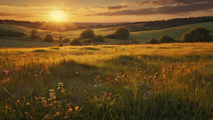 Obraz premium Sunset over the field, during golden hour, with warm, soft sunlight grazing over the grass and wildflowers, making it a realistic and inviting nature wallpaper.