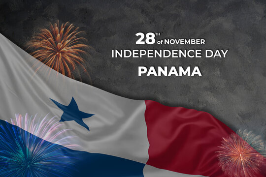 Panama independence day greetings card with flag and fireworks