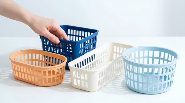 Plastic Organization Baskets Set for Home Storage and Desktop Tidying on White Background