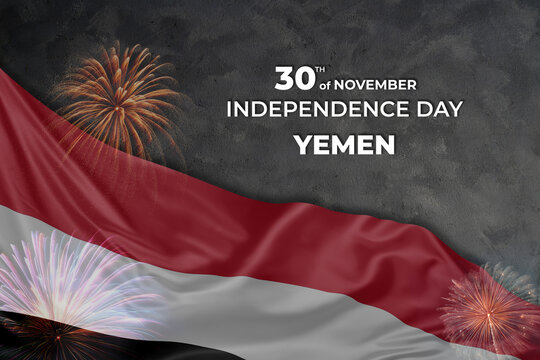 Yemen independence day greetings card with flag and fireworks