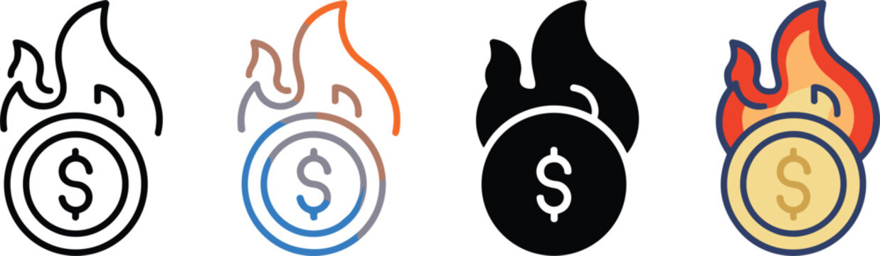 Burning Money Dollar Coin Icon Set Representing Inflation Loss Financial Crisis Waste and Expense Concepts Vector Illustration