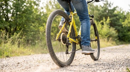 Fototapeta premium Mountain Bike Rider Action Shot Low Angle Rear View, Outdoor Fitness and Active Lifestyle Concept