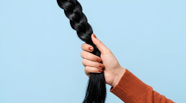 Woman Hand Holding Long Thick Shiny Black Braided Hair Extension Against Blue Background