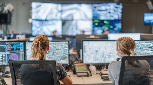 Emergency control center with operator at workstation and video wall, showing fast crisis response, surveillance and coordinated decision making.