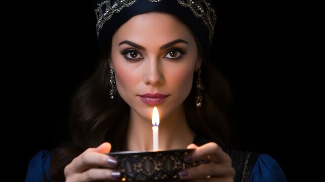 Woman holding lit candle. Person with glowing flame in dark.