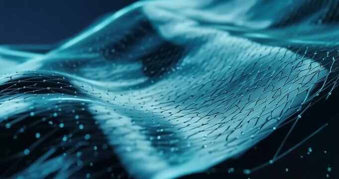 Blue abstract digital wave background with glowing particle network lines flowing in futuristic cyber technology space
