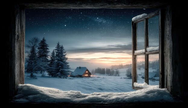 Snowy winter scene through a window at dawn