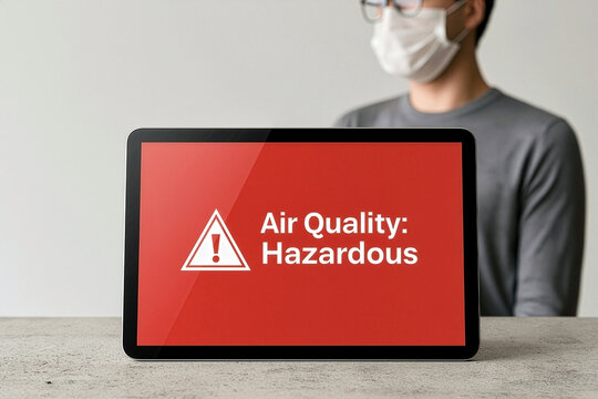 Hazardous Air Quality Alert Display on Digital Tablet with Person Wearing Face Mask Indoors