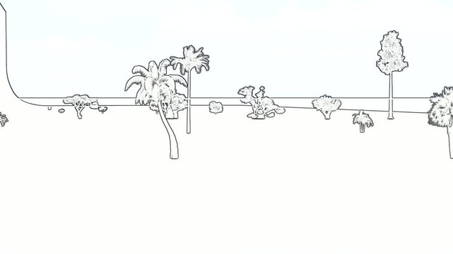 Minimalist Hand Drawn Line Art Tropical Beach Trees Landscape White Background