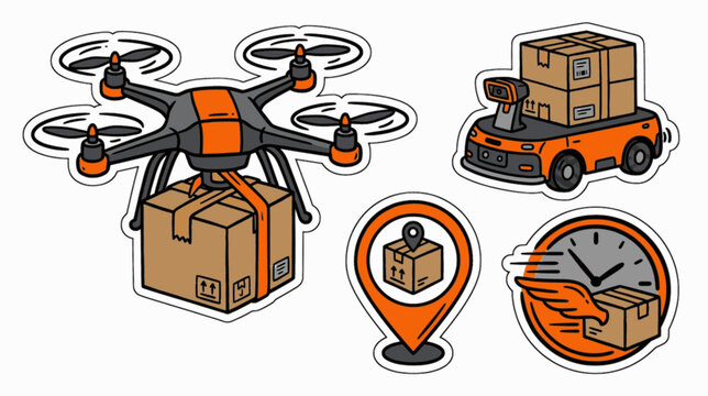 Isolated Drone Parcel Delivery Warehouse Robot Vector Icon Set