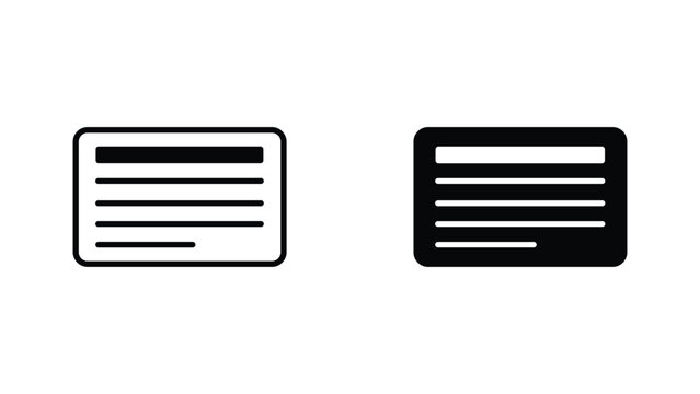 Document or credit card icon with header stripe and lines in outline and solid black vector style