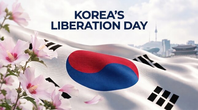 Korea's Liberation Day banner with Taegeukgi flag and blooming Mugunghwa pink hibiscus