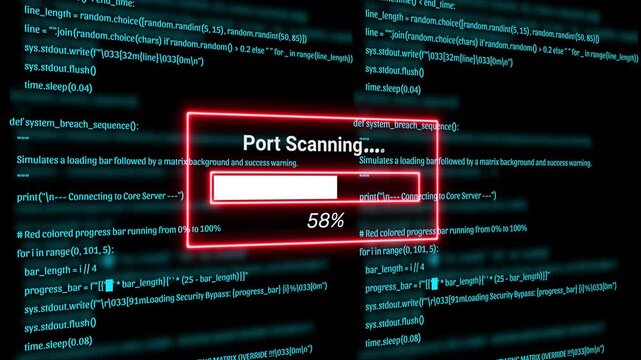  Cyber Security Hacker Terminal with port scanning Alert and Matrix Code Background Motion Graphics