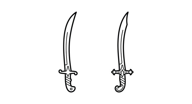 Two curved swords with detailed hilts black line drawing on a white background
