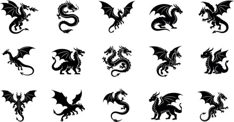 Fototapeta premium Collection of black dragon silhouettes in various poses