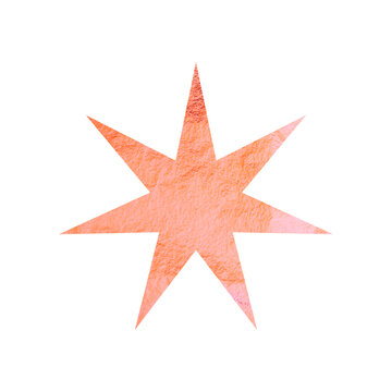Rose gold star, sunburst symbol. Shiny gold foil. Vintage sunbeam symbol. Shopping labels, sale sticker, quality mark. Modern art. Wedding, greeting card decoration elements. Vector illustration