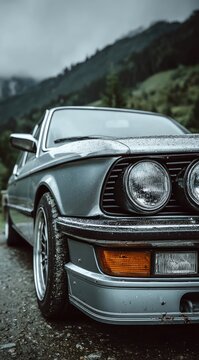 Close-up of a classic, silver, sporty car, angled view, on a gravel road, with a mountain backdrop