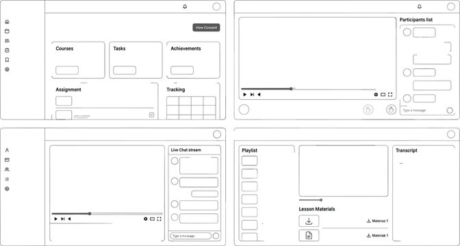 Online Education Learning Management System Dashboard UI UX Wireframe Set Featuring Video Player Dashboard Courses Playlist and Live Class Layouts