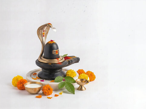 Lord Shiva Mahadeva Symbol Shivlinga with cobra snake, traditional Hindu puja Naag Panchami, spiritual Mahashivratri worship concept Background. 