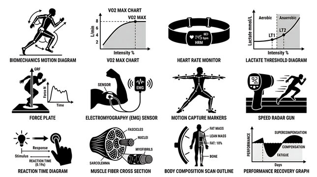 Sports science icon set. Vector collection of athletic performance and fitness analytics.