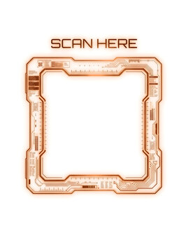 futuristic QR scanner UI, Futuristic orange tech frame with scan here text and digital interface