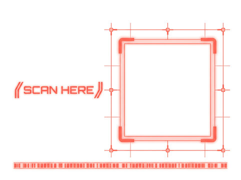 futuristic QR scanner UI, Red sci-fi scan here frame hud interface element