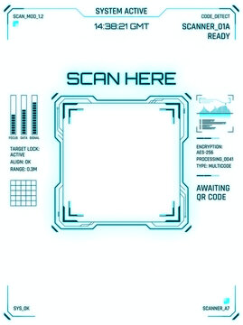 futuristic QR scanner UI, Futuristic digital scanner interface with glowing blue targeting frame