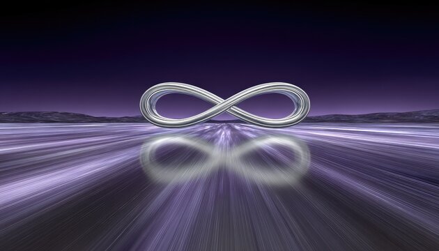 Silver infinity symbol over a purple, reflective landscape