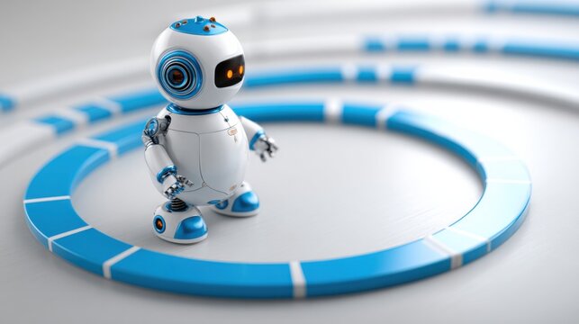 Futuristic robot standing on a circular blue and white platform overseeing product lifecycle with advanced technology